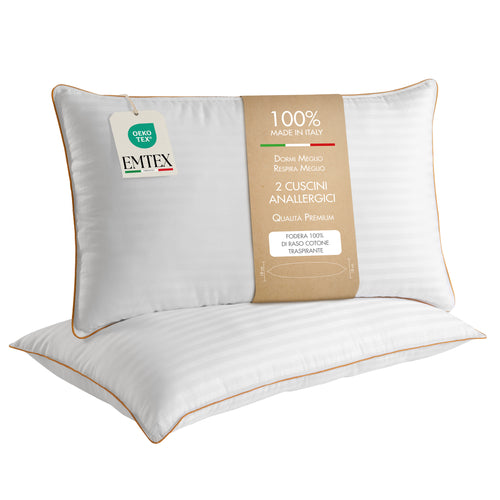 Cuscini Letto 100% COTONE ANALLERGICO Fibra Siliconica SET 2 Guanciali Morbidi e Traspiranti Cuciture Premium Made in Italy