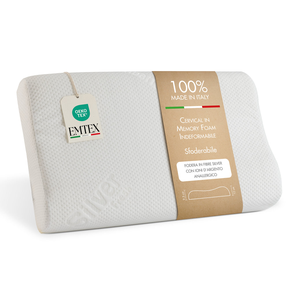 Cuscino Cervicale Anallergico Memory Foam Sfoderabile Guanciale Silver Antibatterico Antiacaro Supporto Anatomico Made in Italy SILVER